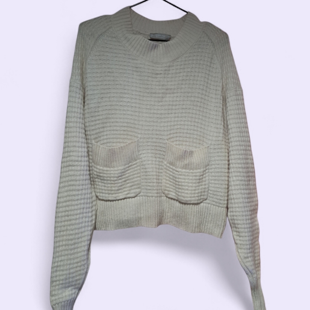 Everlane Recycled Cashmere Waffle Knit Crew Neck Sweater with Pockets – Cream XS - Picture 12 of 15